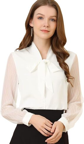 Allegra K Work Blouse for Women's Self Tie Neck Chiffon Button Up Long Sleeve Shirt in Saudi Arabia