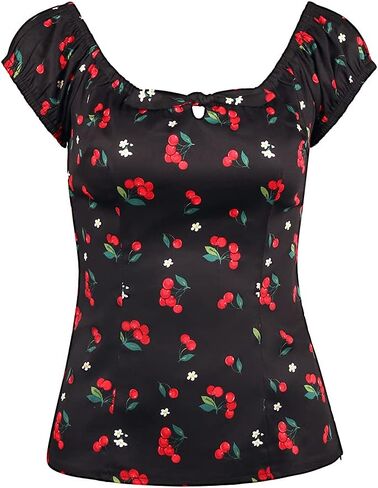 YARN & INK Women's Pinup Shirt 1950s Vintage Rockabilly Puff Sleeve BowBlouse Off Shoulder Tops in Saudi Arabia