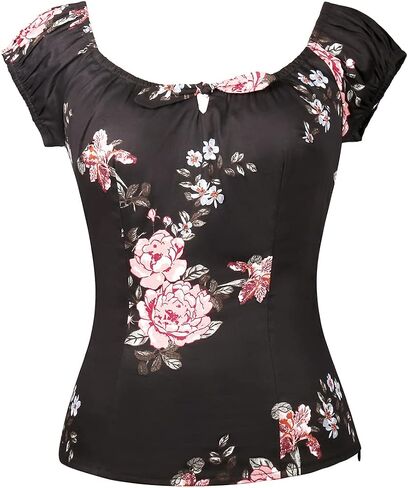 YARN & INK Women's Pinup Shirt 1950s Vintage Rockabilly Puff Sleeve BowBlouse Off Shoulder Tops in Kuwait
