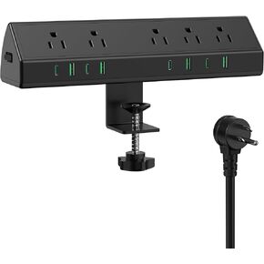 45W Fast Charging Station,Desk Clamp Power Strip,4 PD USB-C Ports,5 AC Outlets,Surge Protector Power Strip, 14AWG Heavy Duty Cord, Fits 1.9" Tabletop Edge (Black, 6 FT Cable)