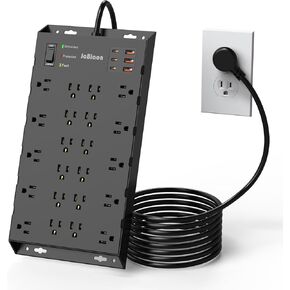 22 Outlets & 6 USB Big Power Strip, Jcblaon Surge Protector with 3USB C & 3USB A Charging Ports, 6.5ft Flat Plug Heavy Duty Extension Cord(1875W/15A)，2100J, 14AWG,Wall Mountable for Garden,Shed, Black