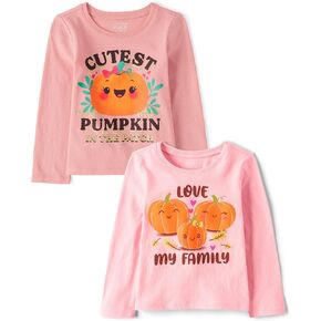 The Children's Place Baby Girls' and Toddler Assorted Everyday Short Sleeve Graphic T-Shirts,Multipacks, Cute Pumpkin/Love Fam 2-Pack