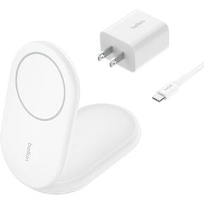 Belkin MagSafe Charger Compatible, BoostCharge Magnetic Foldable Wireless Charging Stand 15W - Qi2-Certified Wireless Charger for iPhone 15, 14, & 13 Series, Standy Mode Ready, PSU Included - White