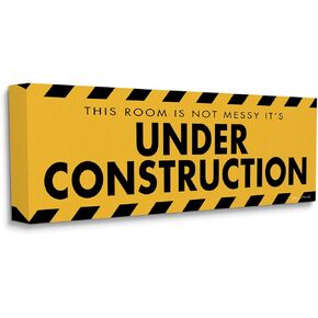 Stupell Industries Messy Room Under Construction Sign Yellow Black, Designed by Stephanie Workman Marrott Canvas Wall Art, 10 x 24