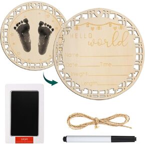 Baby Announcement Sign, 6.69 Inch Wooden Hello World Newborn Sign with Ink Pad for Baby Hand and Footprints Baby Nursery Name Sign for Birth Hospital Announcement Sign Gift Wall Decor(Regular Style)