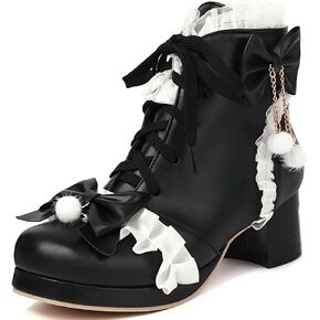 LUXMAX Women Cute Lolita Boots Chunky Mid Heel Ankle Boots with Bow Platform Lace Up Booties with Pearl