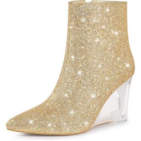 Perphy Clear Heels Boots Sequin Pointed Toe Glitter Wedge Heels Ankle Boots for Women