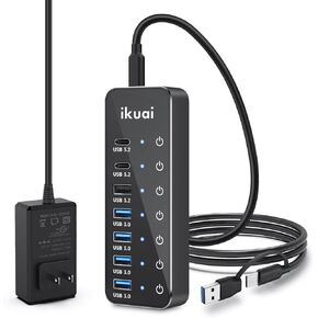 Powered USB Hub, ikuai 7-Port USB 3.2/USB C Hub Splitter, with 3X 10Gbps Ports (2 USB-C + 1 USB-A), 4X 5Gbps USB 3.0 Ports, 3.3ft Data Cable, Touch Buttons and DC 5V Power Adapter for PC Laptop