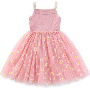 IDOPIP Baby Girls Daisy Flower Tutu Dress Summer Sleeveless Princess Birthday Party Dresses Knit Straps Ruffle Tulle Sundress
