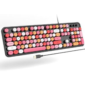 GEEZER Wired Backlit Keyboard, Pink Colorful Full-Size Cute Computer Keyboard, USB Retro Round Keycaps Typewriter Keyboards, for Windows, Laptop, Desktop, PC, Mac