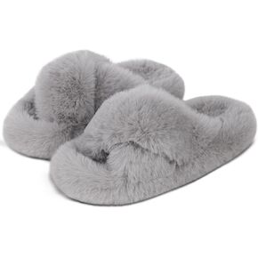 SNOWDROP Women's Open Toe Cross Band Indoor Outdoor Non-Slip House Shoes, Faux Fur Fashionable Cute Soft Fuzzy Bedroom Slippers