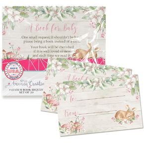 Little Deer Forest Themed “Bring A Book" Cards for Girl Baby Showers, 20 2.5 by 4 Inch Double Sided Insert Cards by AmandaCreation, Invite Guests to Bring A Book for the Baby