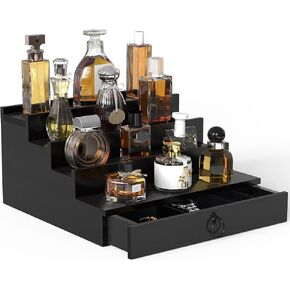 upcessory Cologne Organizer for Men, 4 Tier Wood Perfume Organizer with Felt Lining Drawer and Hidden Compartment, Perfume Display Holder, A Great Gift for Men - Black