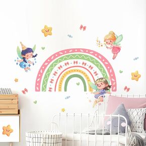 Tanlaby Large Rainbow Fairy Wall Stickers Elf Stars Wall Decals Peel and Stick Wall Art Sticker for Girls Bedroom Baby Nursery Kids Playroom Daycare Classroom Decor