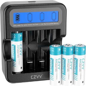 Rechargeable Lithium 1.5V Batteries with Black LCD Fast-Charger (Pack of 4)
