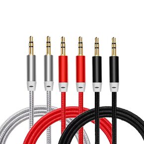 3.5mm Nylon Braided Stereo Audio Cable,（3 Pack 4.9ft/1.5m Male to Male Aux Cord for iPhones, iPads, Samsung and Other 3.5mm DC Plug Port Device (Black,Red,Silver)