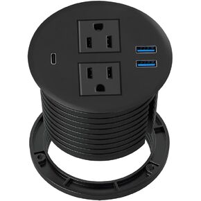 Zeexant Hidden Recessed Power Strip, PD 65W Fast Charger,2 Outlets, 2 USB & 1 USB-C Ports,3 inch Flush Mount Desk Hole Round Power Outlet,6ft Cord Flat Plug, Black