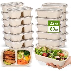 80 Pack Compostable Take Out Food Container with PP Lid, 23 Oz Disposable Paper Salad Bowl Soup Serving Bowl, Meal Prep Container Reusable, Biodegradable To Go Food Container Takeout Boxes for Kitchen