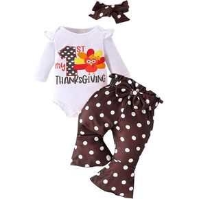 My First Thanksgiving Outfits Newborn Baby Girl Romper+Polka Dot Pant +Headband Girl Thanksgiving Set