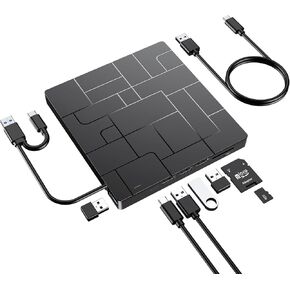AMIR Newest External DVD Drive, USB 3.0 CD DVD Burner for Laptop with 4 USB Ports & 2 SD Card Slots & 1 Type-C Ports, CD/DVD ROM +/-RW Optical Disk Drive for Mac, PC Windows 11/10/8/7 Linux OS