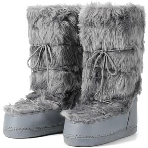 IXU Women's Faux Fur Boots Furry Snow Boots for Women Mid Calf Winter Boots Black White Brown Grey Fluffy Boots Fuzzy Custome Shoes