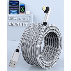 Extra Long iPhone Charging Cable 16ft, 5M Apple MFi Certified 90 Degree Right Angle Nylon Braided Lightning Charger Cord Fast Charging Compatible iPhone 14 13 12 11 Pro Max XS XR X 8 7 6 iPad(Grey)