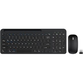 Wireless Keyboard and Mouse for Mac, 2.4G/Bluetooth Keyboard and Mouse Combo Ultra Slim USB C Rechargeable Compact Silent 99 Keys Retro Round Keycaps Integrated Stand for Mac/Win, Black Grey