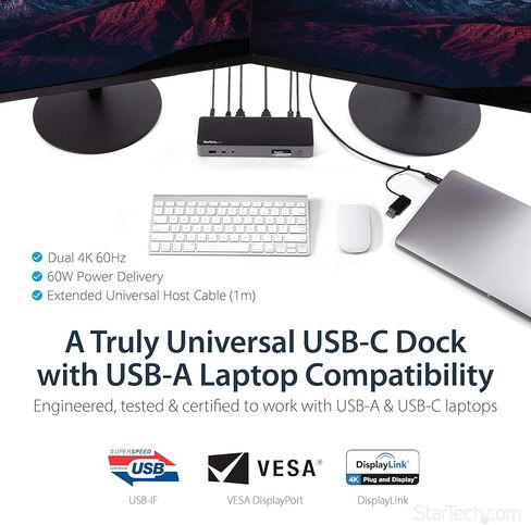 قاعدة توصيل عالمية للكمبيوتر المحمول StarTech.com، قاعدة توصيل USB-C/USB-A هجينة، Dual 4K DP/HDMI، 60 وات PD، Mac/Windows/Chrome OS، NIC (متجدد)، أسود، رمادي فلكي in Saudi Arabia