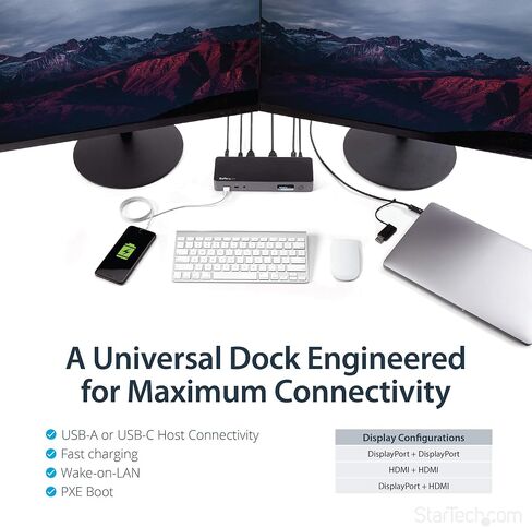 قاعدة توصيل عالمية للكمبيوتر المحمول StarTech.com، قاعدة توصيل USB-C/USB-A هجينة، Dual 4K DP/HDMI، 60 وات PD، Mac/Windows/Chrome OS، NIC (متجدد)، أسود، رمادي فلكي in Saudi Arabia