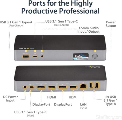 قاعدة توصيل عالمية للكمبيوتر المحمول StarTech.com، قاعدة توصيل USB-C/USB-A هجينة، Dual 4K DP/HDMI، 60 وات PD، Mac/Windows/Chrome OS، NIC (متجدد)، أسود، رمادي فلكي in Saudi Arabia