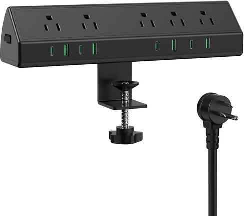 45W Fast Charging Station,Desk Clamp Power Strip,4 PD USB-C Ports,5 AC Outlets,Surge Protector Power Strip, 14AWG Heavy Duty Cord, Fits 1.9" Tabletop Edge (Black, 6 FT Cable) in Kuwait