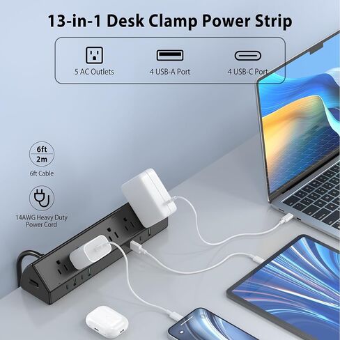 45W Fast Charging Station,Desk Clamp Power Strip,4 PD USB-C Ports,5 AC Outlets,Surge Protector Power Strip, 14AWG Heavy Duty Cord, Fits 1.9" Tabletop Edge (Black, 6 FT Cable) in Kuwait