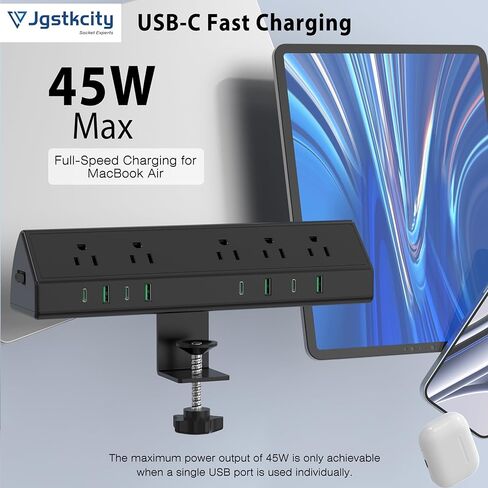45W Fast Charging Station,Desk Clamp Power Strip,4 PD USB-C Ports,5 AC Outlets,Surge Protector Power Strip, 14AWG Heavy Duty Cord, Fits 1.9" Tabletop Edge (Black, 6 FT Cable) in Kuwait