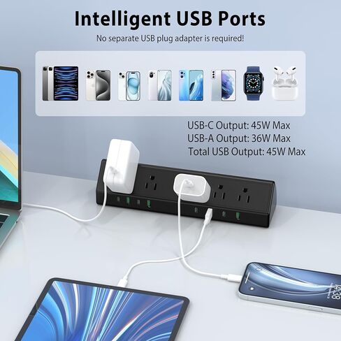 45W Fast Charging Station,Desk Clamp Power Strip,4 PD USB-C Ports,5 AC Outlets,Surge Protector Power Strip, 14AWG Heavy Duty Cord, Fits 1.9" Tabletop Edge (Black, 6 FT Cable) in Kuwait