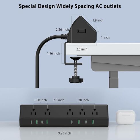 45W Fast Charging Station,Desk Clamp Power Strip,4 PD USB-C Ports,5 AC Outlets,Surge Protector Power Strip, 14AWG Heavy Duty Cord, Fits 1.9" Tabletop Edge (Black, 6 FT Cable) in Kuwait