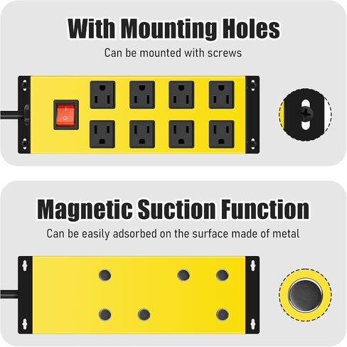 HHSOET Metal Magnetic Power Strip, 8 Outlet Mountable Socket, Wall Mount Heavy Duty Surge Protector, Catering for Your Every Need, Gaming Table Outlet with 6 FT Power Cord.(Black) in Saudi Arabia