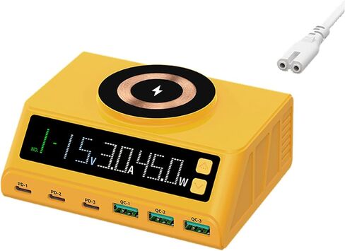 محطة شحن USB سريعة MaxLax 110 واط باللون الأصفر، 6 منافذ (3USB و3PD)، شحن سريع مع شاشة رقمية لشحن أجهزة الكمبيوتر المحمولة والهواتف والأجهزة اللوحية وأجهزة USB الأخرى in Saudi Arabia