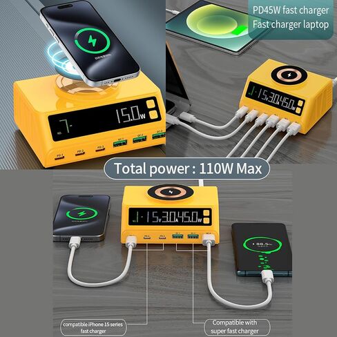 محطة شحن USB سريعة MaxLax 110 واط باللون الأصفر، 6 منافذ (3USB و3PD)، شحن سريع مع شاشة رقمية لشحن أجهزة الكمبيوتر المحمولة والهواتف والأجهزة اللوحية وأجهزة USB الأخرى in Saudi Arabia