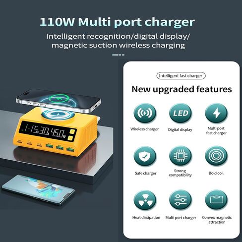 محطة شحن USB سريعة MaxLax 110 واط باللون الأصفر، 6 منافذ (3USB و3PD)، شحن سريع مع شاشة رقمية لشحن أجهزة الكمبيوتر المحمولة والهواتف والأجهزة اللوحية وأجهزة USB الأخرى in Saudi Arabia