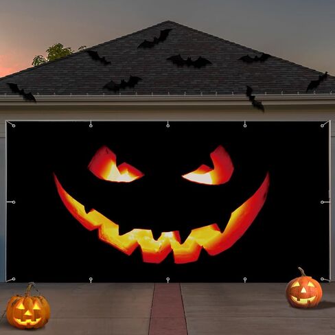 Halloween Garage Door Banner Pumpkin Large Hanging Backdrop Garage Door Cover Halloween Garage Wall Decorations for Outdoor Indoor Holiday Halloween Party Wall Home Window Yard (8 x 16 ft) in Saudi Arabia