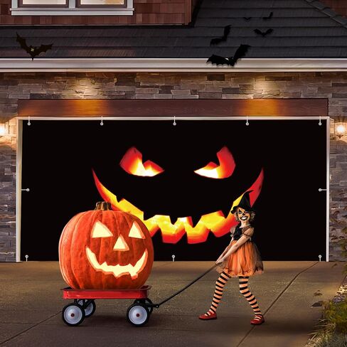 Halloween Garage Door Banner Pumpkin Large Hanging Backdrop Garage Door Cover Halloween Garage Wall Decorations for Outdoor Indoor Holiday Halloween Party Wall Home Window Yard (8 x 16 ft) in Saudi Arabia