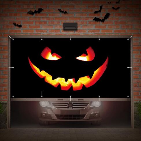 Halloween Garage Door Banner Pumpkin Large Hanging Backdrop Garage Door Cover Halloween Garage Wall Decorations for Outdoor Indoor Holiday Halloween Party Wall Home Window Yard (8 x 16 ft) in Saudi Arabia