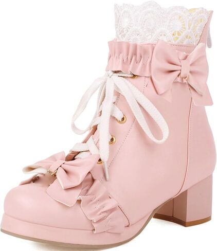LUXMAX Women Cute Lolita Boots Chunky Mid Heel Ankle Boots with Bow Platform Lace Up Booties with Pearl in Saudi Arabia
