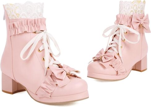 LUXMAX Women Cute Lolita Boots Chunky Mid Heel Ankle Boots with Bow Platform Lace Up Booties with Pearl in Saudi Arabia