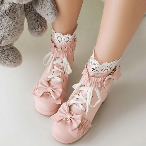 LUXMAX Women Cute Lolita Boots Chunky Mid Heel Ankle Boots with Bow Platform Lace Up Booties with Pearl in Saudi Arabia