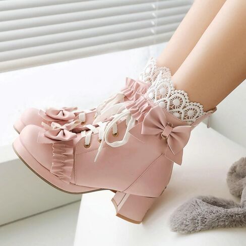 LUXMAX Women Cute Lolita Boots Chunky Mid Heel Ankle Boots with Bow Platform Lace Up Booties with Pearl in Saudi Arabia