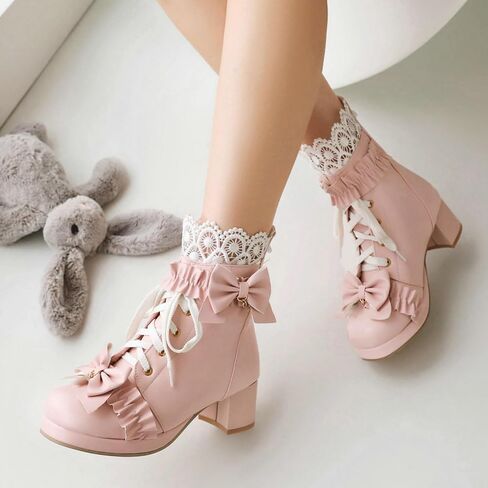 LUXMAX Women Cute Lolita Boots Chunky Mid Heel Ankle Boots with Bow Platform Lace Up Booties with Pearl in Saudi Arabia