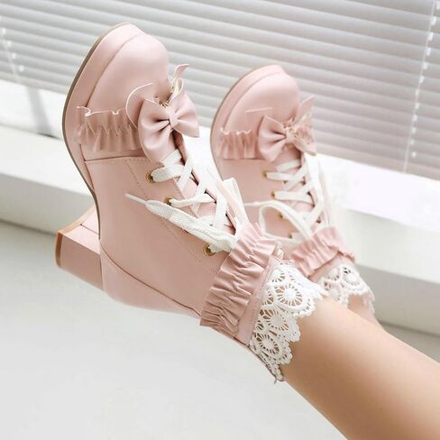 LUXMAX Women Cute Lolita Boots Chunky Mid Heel Ankle Boots with Bow Platform Lace Up Booties with Pearl in Saudi Arabia