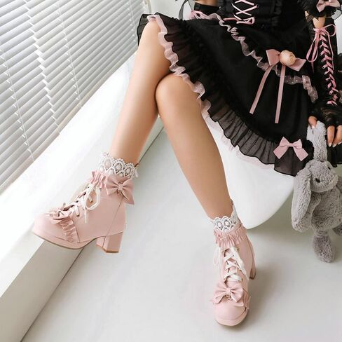 LUXMAX Women Cute Lolita Boots Chunky Mid Heel Ankle Boots with Bow Platform Lace Up Booties with Pearl in Saudi Arabia