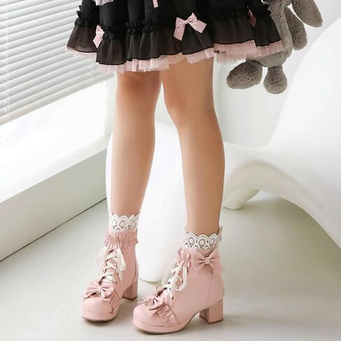 LUXMAX Women Cute Lolita Boots Chunky Mid Heel Ankle Boots with Bow Platform Lace Up Booties with Pearl in Saudi Arabia